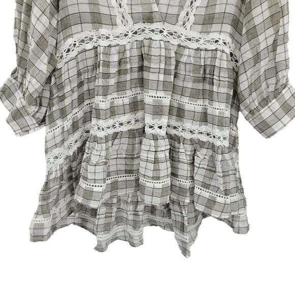 Free People Top Tunic Tiered Ruffle Lace Puff Sleeve Oversized Plaid Gray Sz XS - Picture 8 of 15